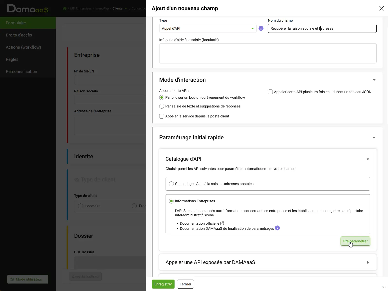 Catalogue d'API préconfigurées dans DAMAaaS